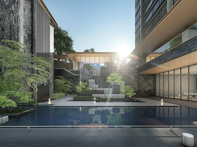 Modern Sales Office Building Featuring Water Pool Stone Steps Green Plants And Sunlight 3d model