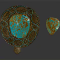 Ornate Turquoise Plaque With Gold Filigree And Irregular Orange Patched Gem