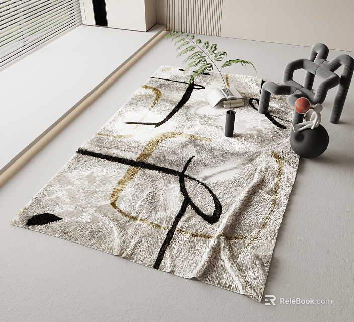 Stylish Square Rug With Geometric Patterns Black Gold Lines And Modern Decorative Chair 3d model 