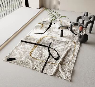 Stylish Square Rug With Geometric Patterns Black Gold Lines And Modern Decorative Chair 3d model