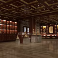 Sacred Religious Artifacts Display In Wooden Shelves With Golden Ceiling And Smooth Floors