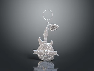 Decorative Guitar Shaped Silver Keychain With Love Pendant Fashion Accessory 3d model