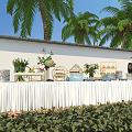 Assorted Food Display On White Tablecloth Long Table With Palm Trees Decorations And Greenery 3d model