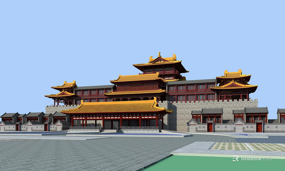 Traditional Chinese Ancient Architecture With Yellow Roofs Red Pillars And Spacious Square 3d model 