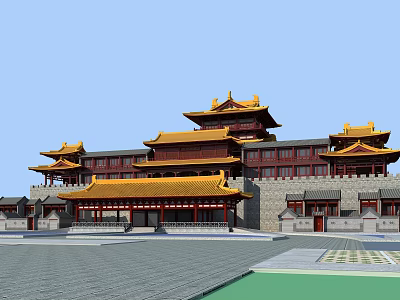 Traditional Chinese Ancient Architecture With Yellow Roofs Red Pillars And Spacious Square 3d model