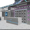 Toy Store Interior With Claw Machines Display Cabinets And Toy World Signboard