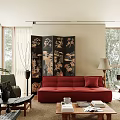 Elegant Living Room Interior With Red Sofa Black Decorative Screen and Floor to Ceiling Windows
