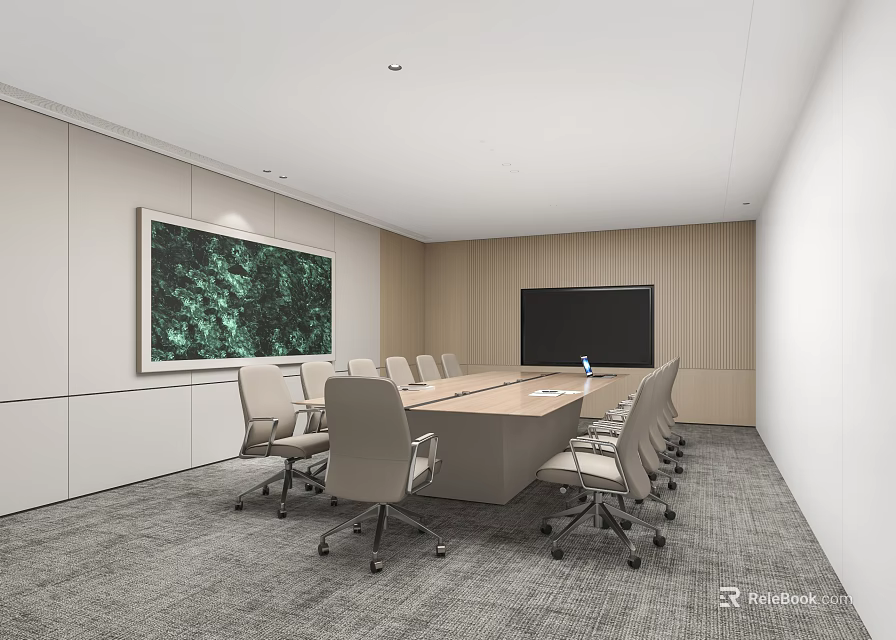 Modern Conference Room Interior With Long Table Chairs Large Screen And Green Painting 3d model 
