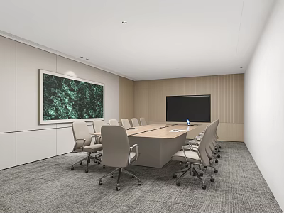 Modern Conference Room Interior With Long Table Chairs Large Screen And Green Painting 3d model