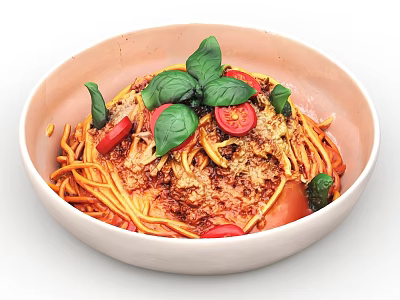 Delicious Spaghetti with Tomato Sauce Grated Cheese Cherry Tomatoes and Fresh Basil 3d model