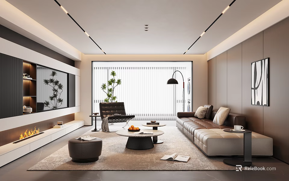 Modern Living Room Interior Design With Sofa Coffee Table Floor Lamp And Plant 3d model 