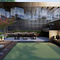 Modern Courtyard Garden Entrance With Lush Green Plants Trimmed Shrubs And Outdoor Lighting