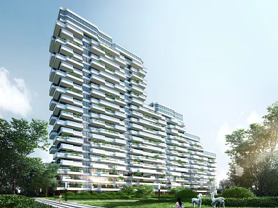 Modern High Rise Residential Building with Green Balconies and Landscaped Surroundings 3d model