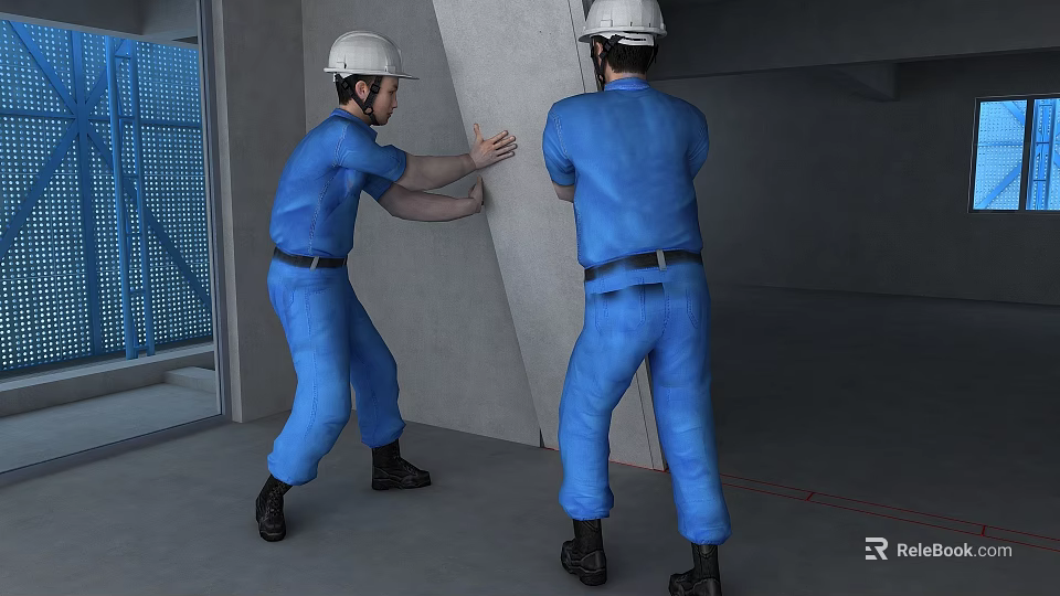 Construction Site Workers in Blue Uniforms and White Hard Hats Moving Concrete Panel Together 3d model 