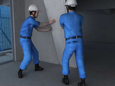 Construction Site Workers in Blue Uniforms and White Hard Hats Moving Concrete Panel Together 3d model