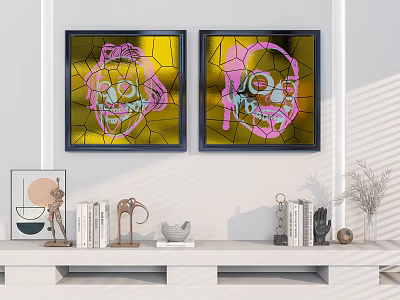 Colorful Skull Artworks Pink Yellow Cracked Hanging On White Wall Above Shelf With Books Decor 3d model