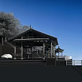 Traditional Wooden Landscape Pavilion With Red Columns Stone Wall Green Trees And Stone Pavement