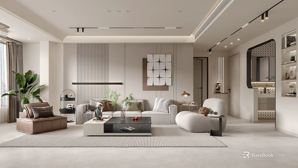 Modern Minimalist Living and Dining Room Interior With Sofa Coffee Table And Decorative Art 3d model 