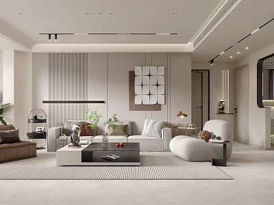 Modern Minimalist Living and Dining Room Interior With Sofa Coffee Table And Decorative Art 3d model