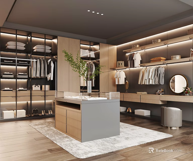 Stylish Walk in Closet Interior Design With Glass Counter Wooden Cabinets Mirror And Clothes Racks 3d model 