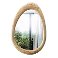 Oval Wooden Frame Mirror Reflecting Outdoor Green Plants White Chair And Gray Curtains