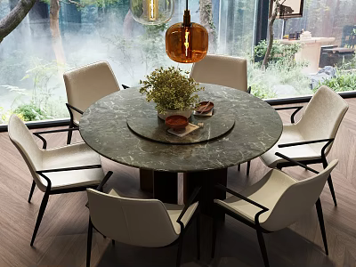 Elegant Marble Round Dining Table Set With White Chairs Green Plants And Amber Pendant Light 3d model