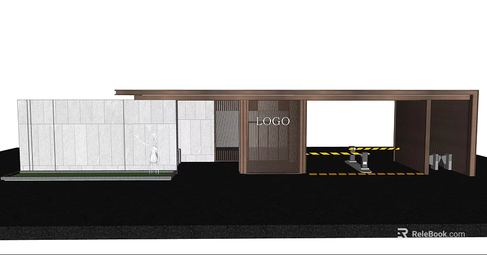 Modern Entrance Gate Design With Logo White Stone Wall And Yellow Black Striped Parking 3d model 