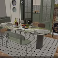 Modern Dining Table Set With Marble Top Green Gray Chairs Green Cabinets And Checkered Rug