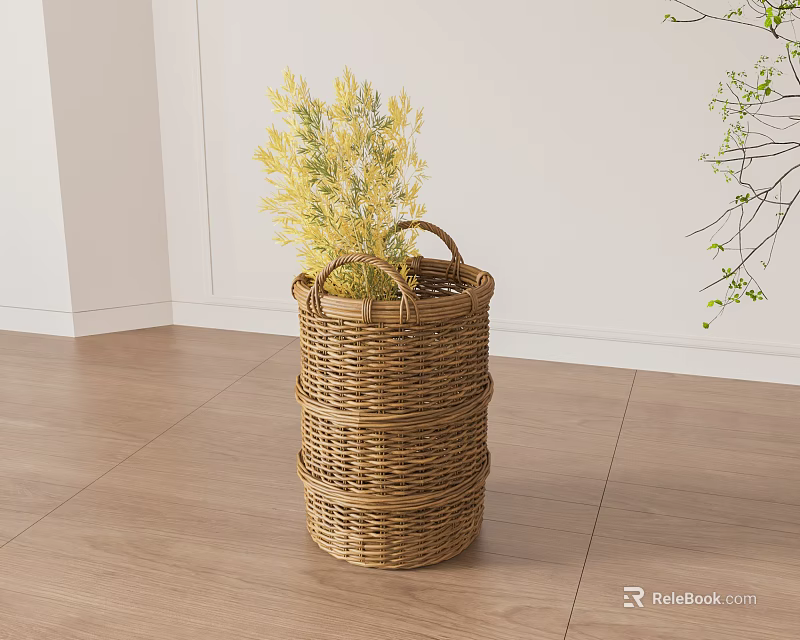 Wicker Storage Basket With Plants On Wooden Floor In Minimalist Room 3d model 