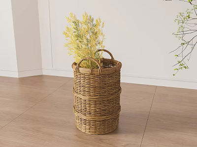 Wicker Storage Basket With Plants On Wooden Floor In Minimalist Room 3d model