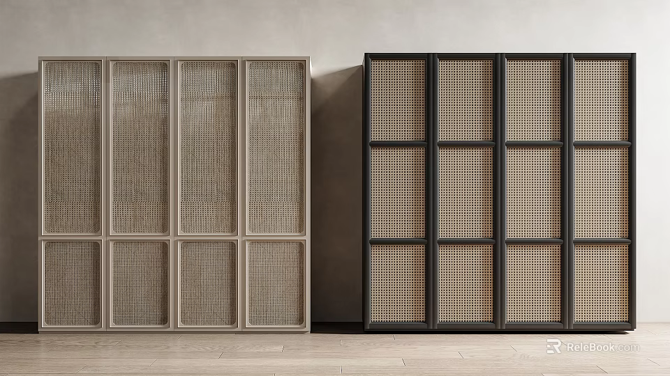 Two Tone Modern Wardrobe with Rattan Grid Design Doors in Light and Dark Colors 3d model 