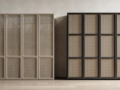 Two Tone Modern Wardrobe with Rattan Grid Design Doors in Light and Dark Colors 3d model