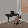 Stylish Home Office Desk With Laptop Books Small Potted Plant Brown Chair And Window Blinds