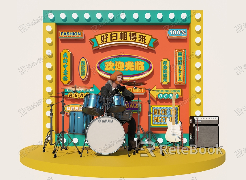 Retro small stage tea restaurant small stage Hong Kong wind small stage drum guitar sound rock performer model