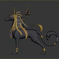 Egyptian Mythological Black Canine Deity With Golden Accents Balance Scale And Flowing Ribbons