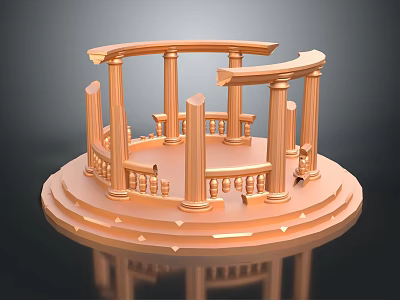 Cartoon Style Golden Circular Stage With Columns Railings And Decorative Design 3d model