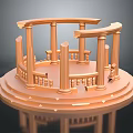 Cartoon Style Golden Circular Stage With Columns Railings And Decorative Design