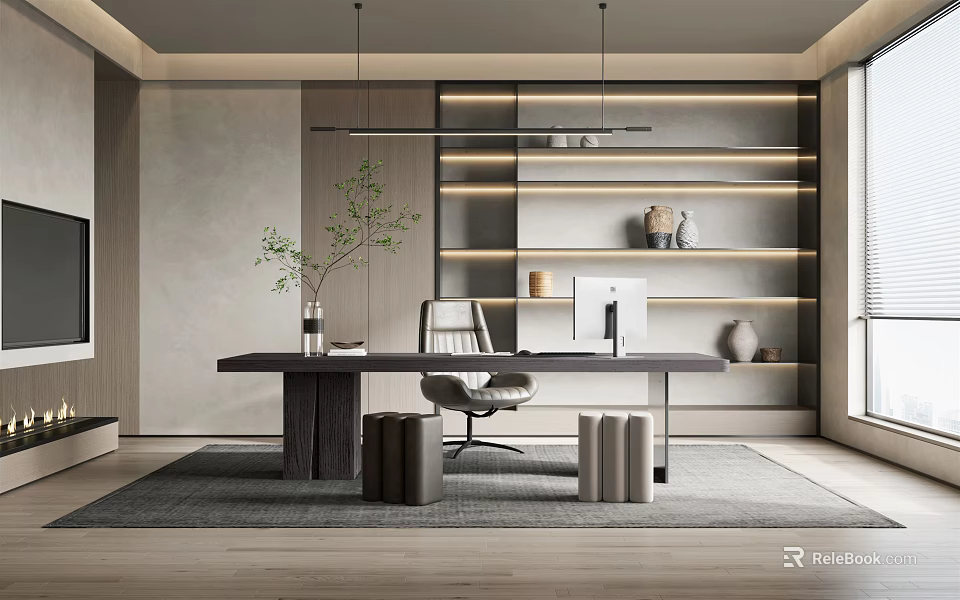 Modern Study Room Interior Design With Wooden Desk Ergonomic Chair Lit Shelves And Green Plant 3d model 