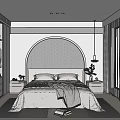 Modern Minimalist Bedroom Interior With Headboard Wardrobe Nightstand Rug And Window Curtains