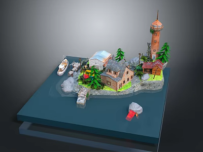 Detailed Miniature Scenic Model With Lighthouse House Trees Boat Rocks And Blue Base 3d model