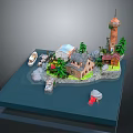Detailed Miniature Scenic Model With Lighthouse House Trees Boat Rocks And Blue Base