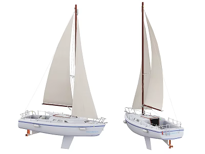 White Hull Sailboat Models With Beige Sails Brown Masts And Deck Rails 3d model