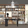 Elegant Home Office with Floor to Ceiling Bookshelves Wooden Desk Crystal Chandelier and Potted Plant