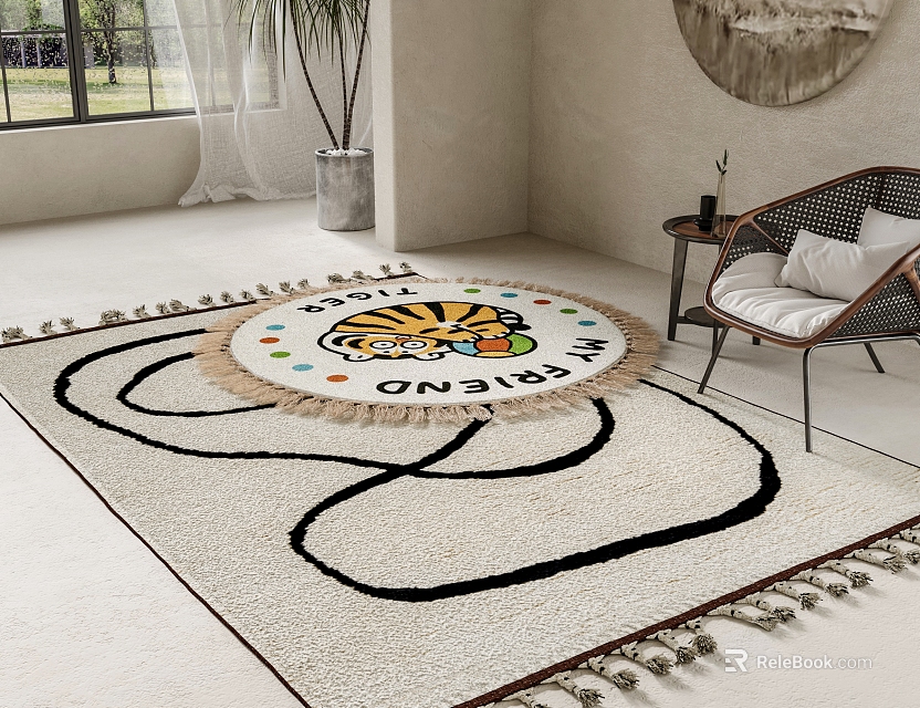 Round Cartoon Tiger Rug With Fringe For Living Room 3d model 