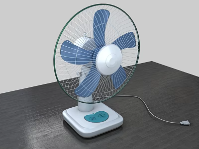 Modern Air Conditioner Fan With Blue Blades White Base And Green Control Panel On Table 3d model