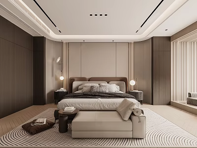 Modern Bedroom Interior With Upholstered Headboard Bedside Lamps And Patterned Area Rug 3d model