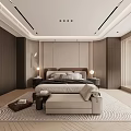Modern Bedroom Interior With Upholstered Headboard Bedside Lamps And Patterned Area Rug
