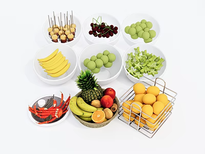 Fresh Assorted Fruits with Bananas Cherries Grapes Pineapple Oranges Displayed in Bowls and Strawberry Skewers 3d model