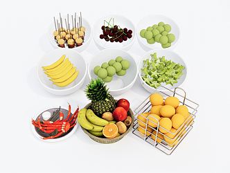 Modern fruit vegetable banana orange hairy crab skewers pineapple fruit basket lemon 3d model