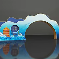 Chinese Style Event Archway Featuring Blue Wave Design And Red Pavilion Details
